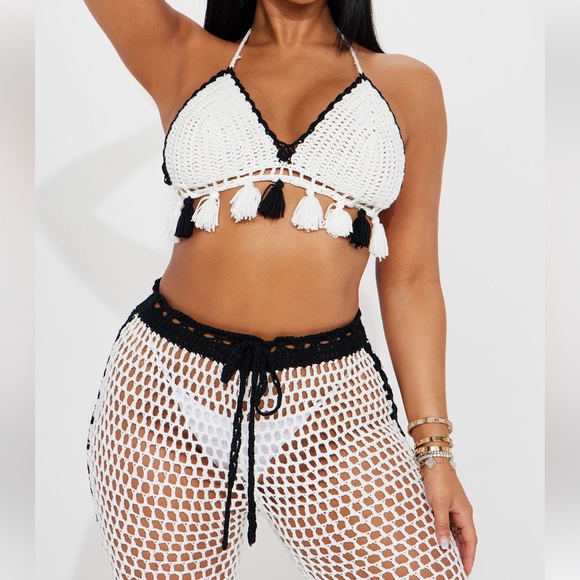 NWOT Fashion Nova Crochet Pants Set Black & White Small - Picture 2 of 4